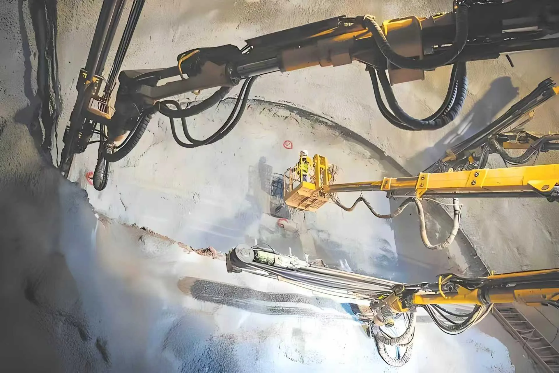 Rock drilling jumbo working inside a tunnel